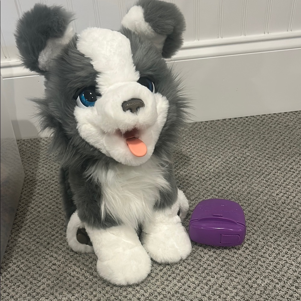 Interactive Gray and White Plush Dog Toy